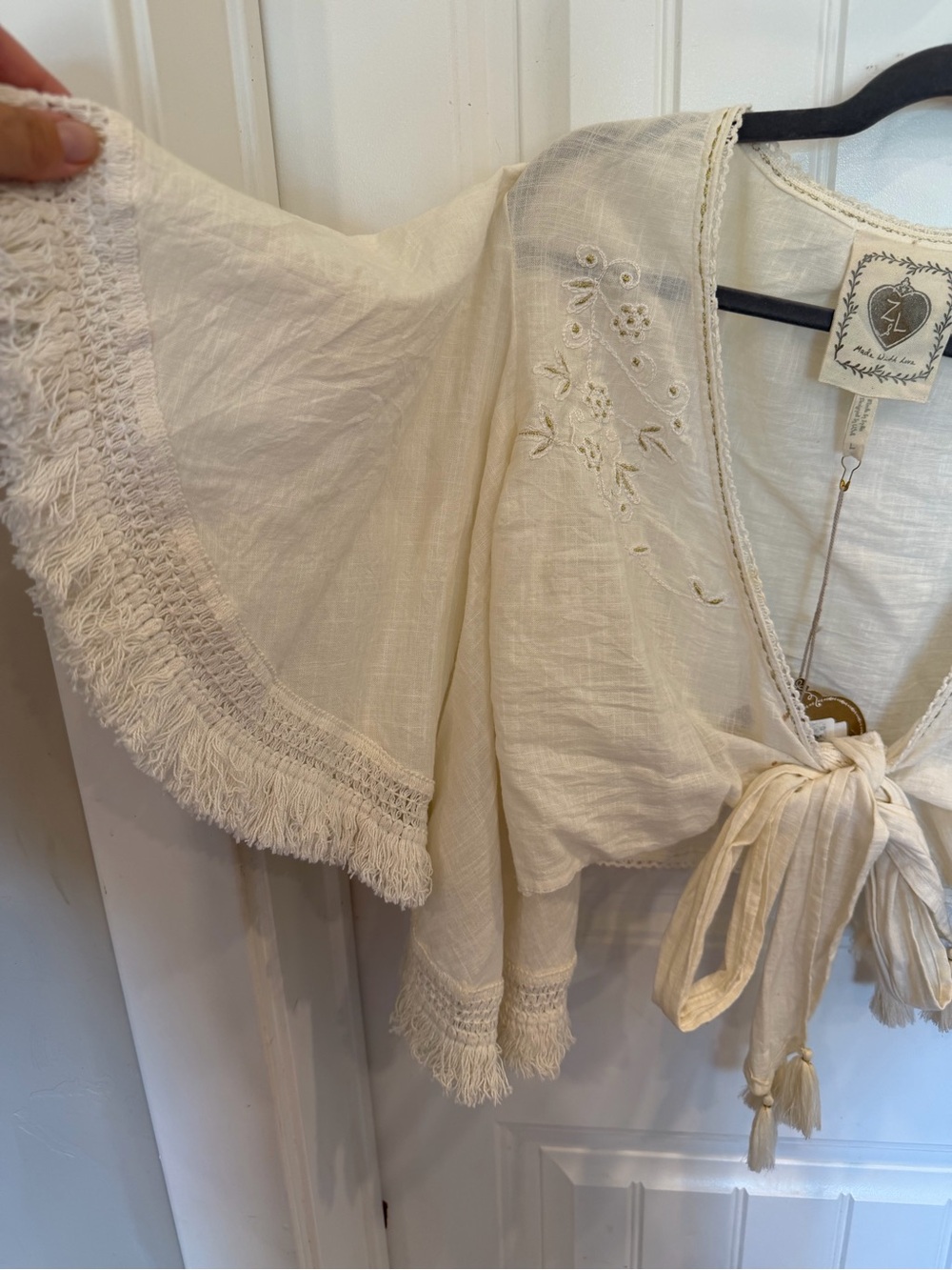 Boho Cream Tie-Front Women’s Top with Embroidered Details